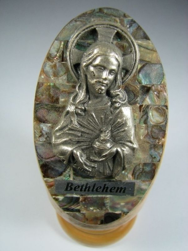 Metal Jesus Sculpture on Mother of Pearl and Olive Wood Stand