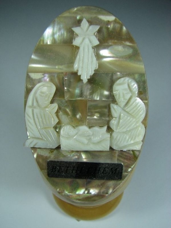 Mother of Pearl Holy Family on Olive Wood Stand