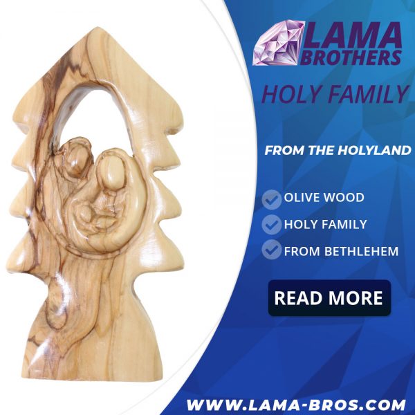 Olive Wood Holy Family With Christmas Tree