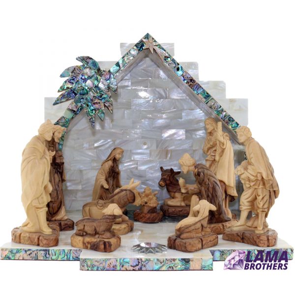 Mother of Pearl Nativity Crib Olive Wood Figures